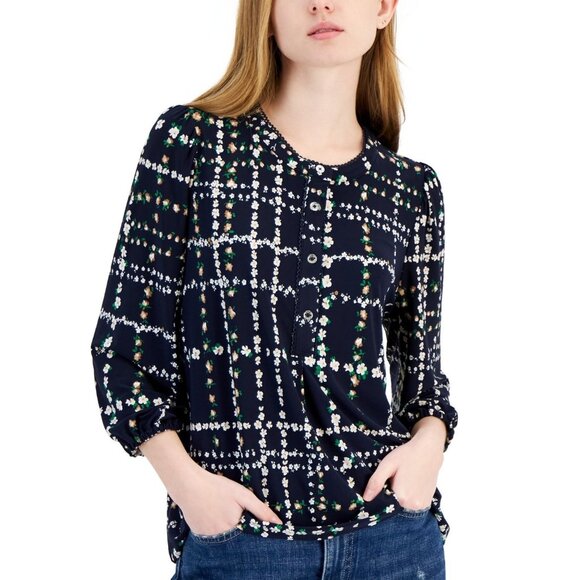 Tommy Hilfiger Tops - Tommy Hilfiger Women's Floral-Print Popover Blouse SIZE S NAVY MSRP $79